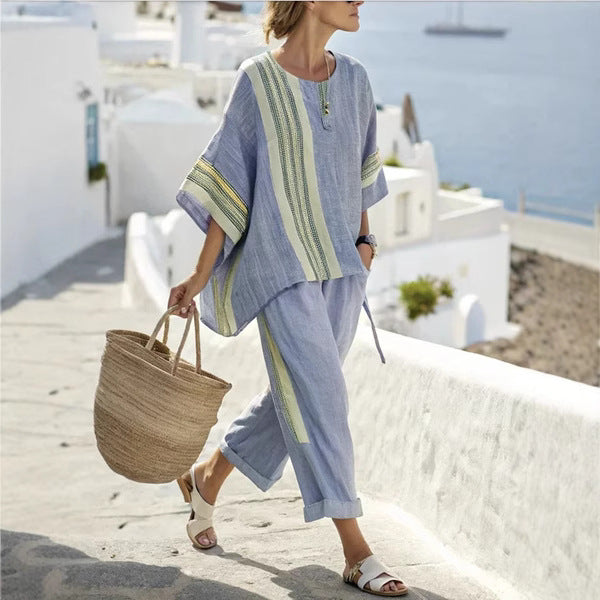Summer Striped Suits Loose Batwing Sleeve T-shirt And Solid Straight-leg Pants