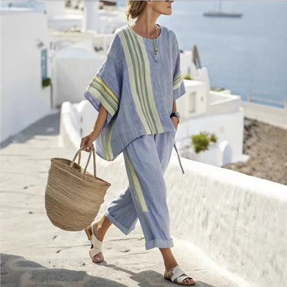 Summer Striped Suits Loose Batwing Sleeve T-shirt And Solid Straight-leg Pants